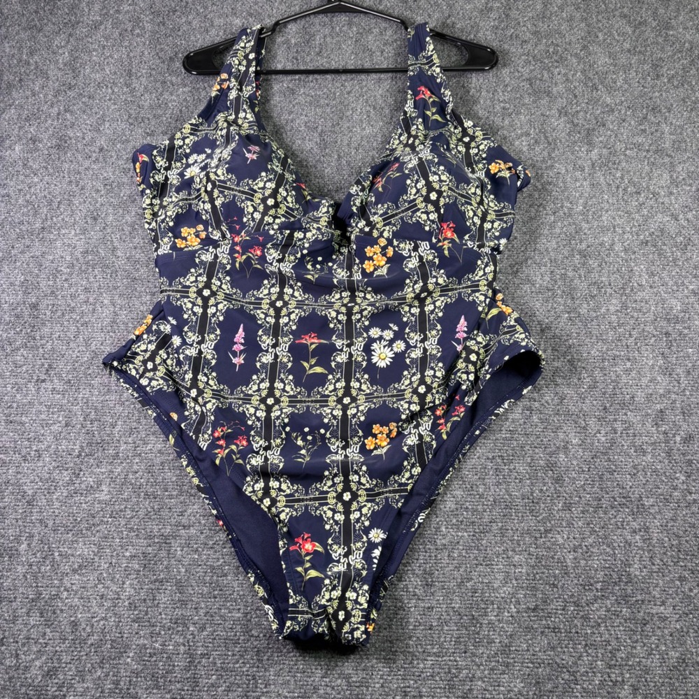 Agua Bendita Target One Piece Swimsuit Womens 2X Navy Blue Floral Trellis Padded